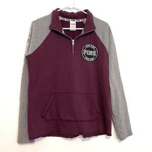 VS PINK VICTORIA'S SECRET Burgundy Maroon Red Gray Colorblock 1/4 Zip Sweatshirt